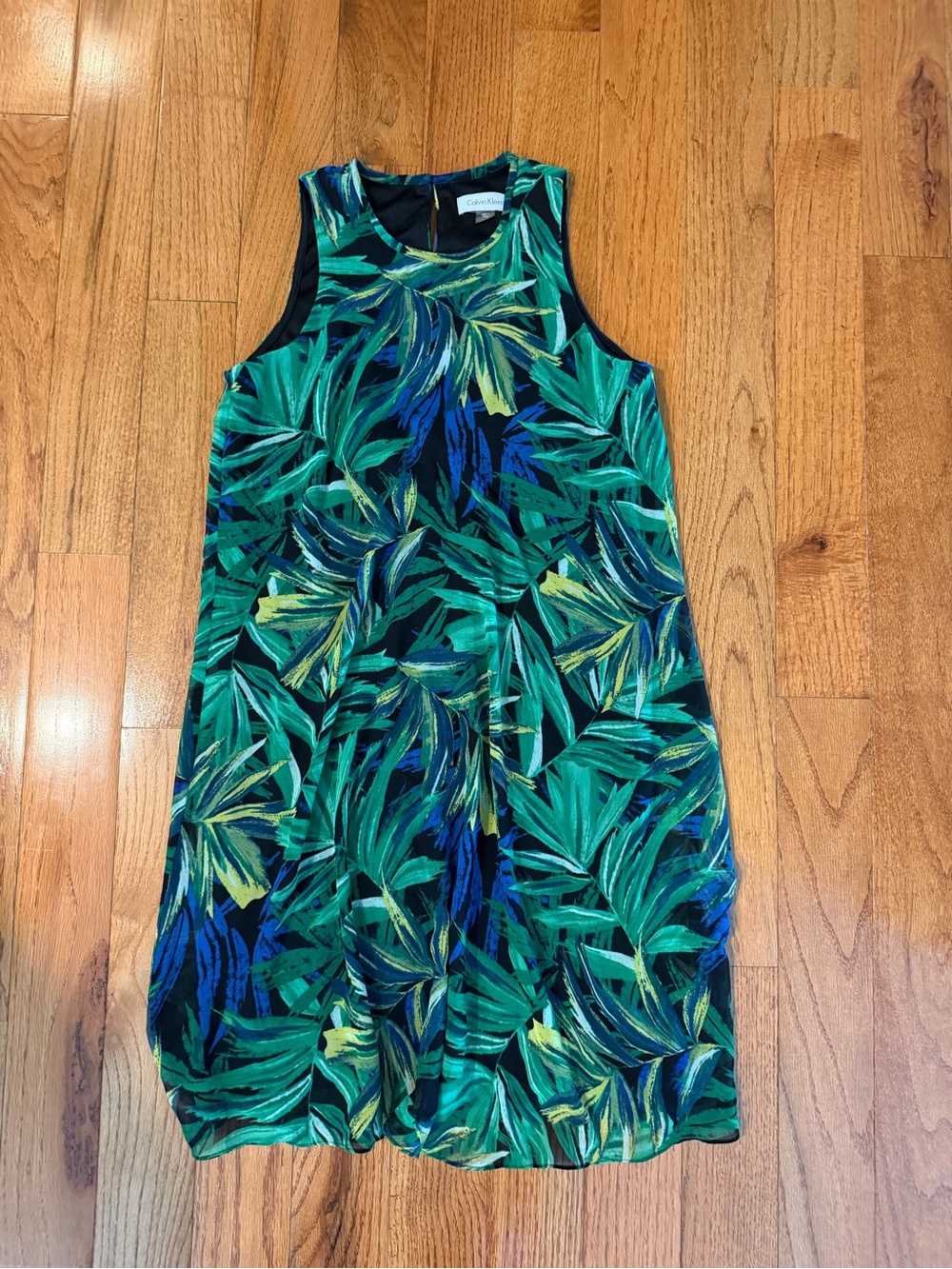 Calvin Klein Green and Blue Tropical Leaf Sleeveless Dress